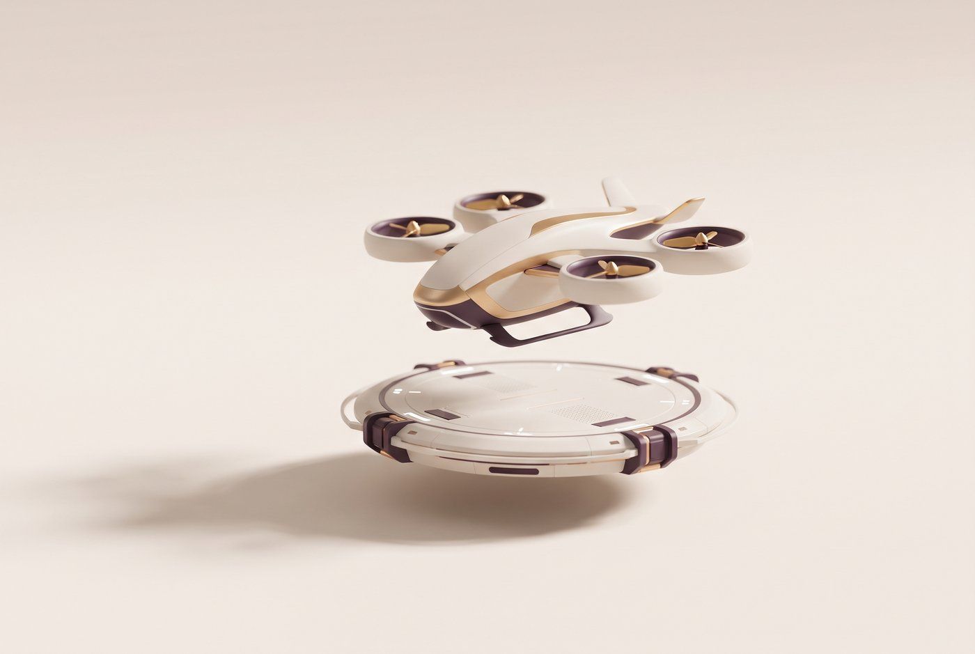 Обложка статьи «Аэротакси: что это, как работает eVTOL и когда появится в России»: левитирующие предметы на кремовом фоне, фирменный 3D-стиль Antigraviti